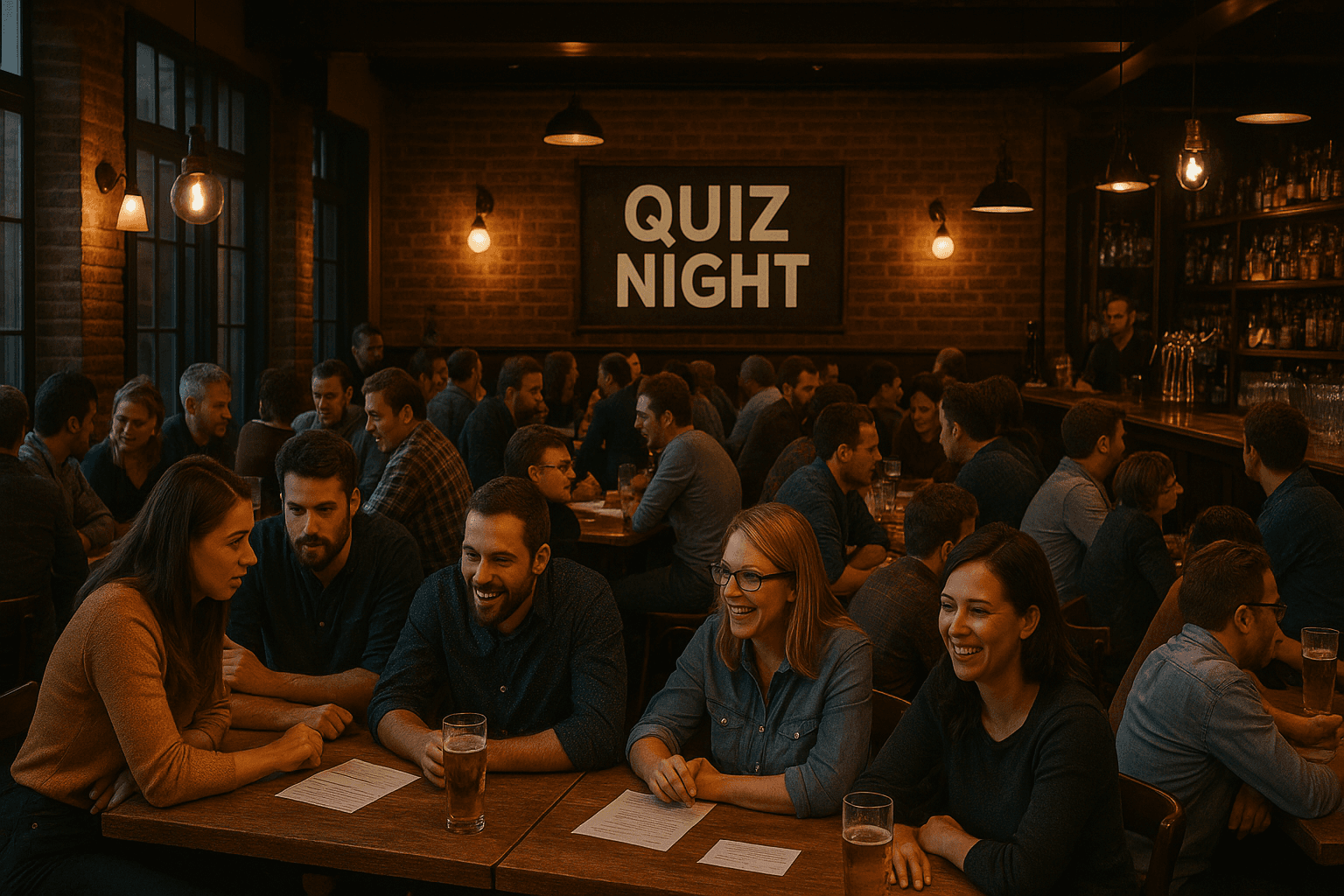 Quiz Night at a bustling pub with people enjoying drinks and participating in a quiz