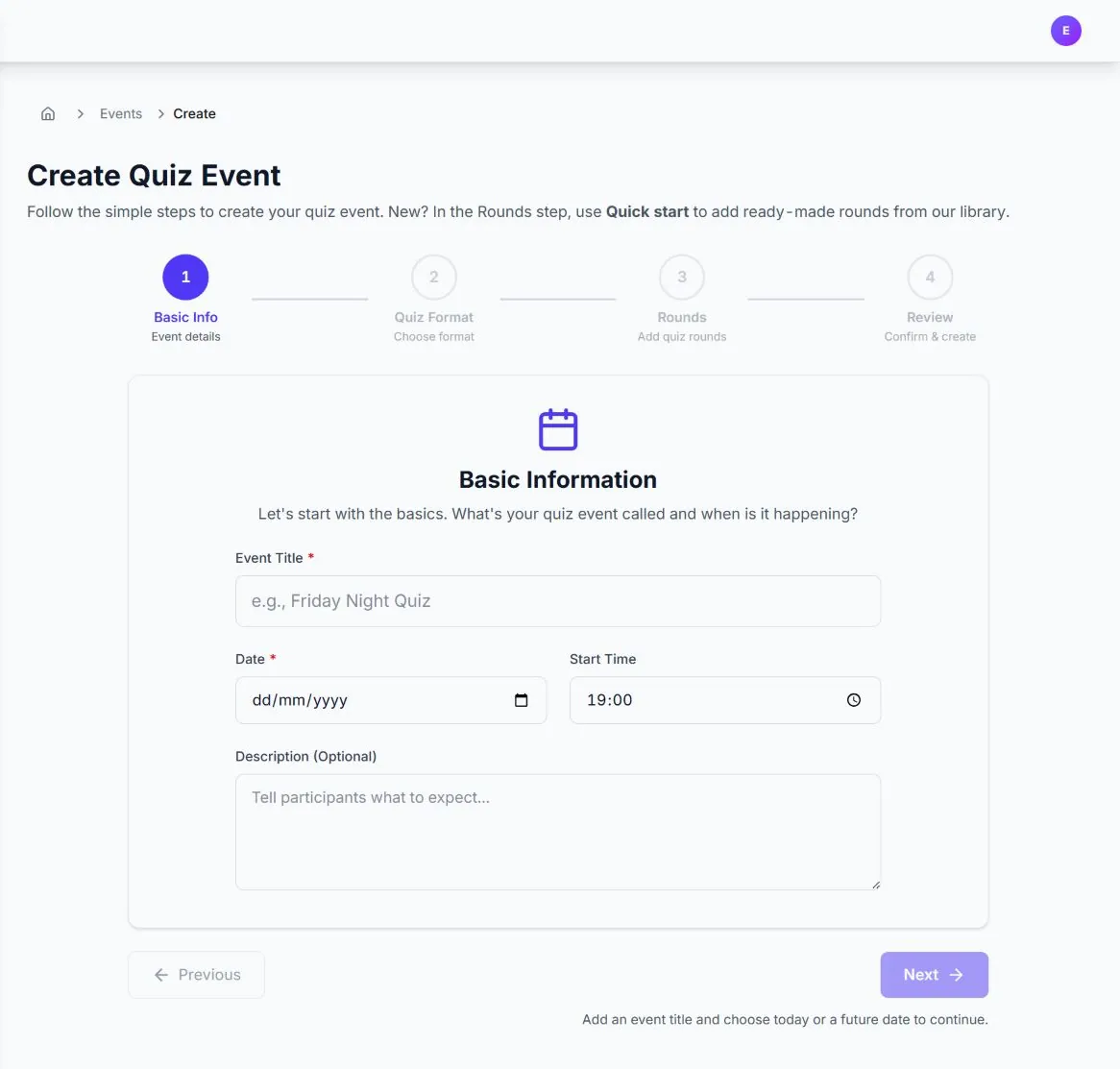 Quizora event creation wizard showing the basic information step