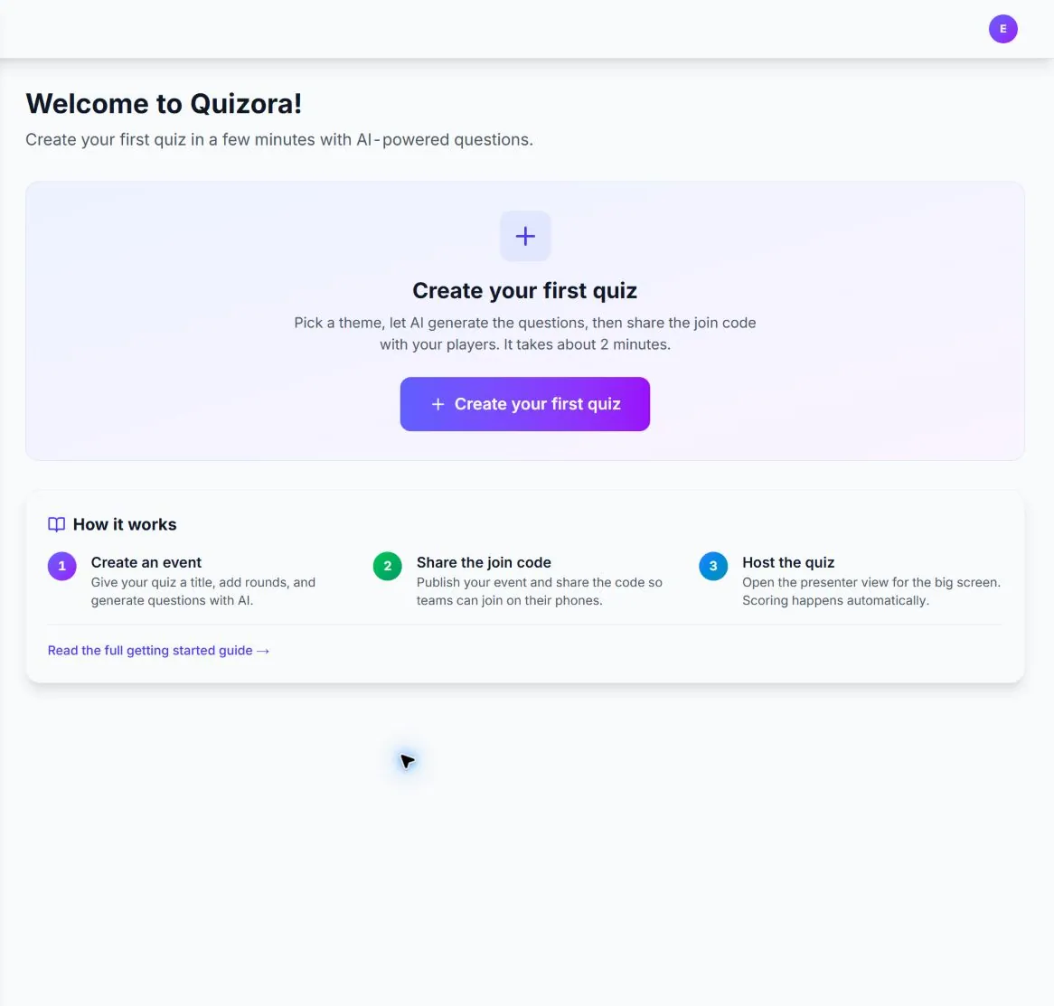 Quizora dashboard showing event drafts, plan usage and recent activity