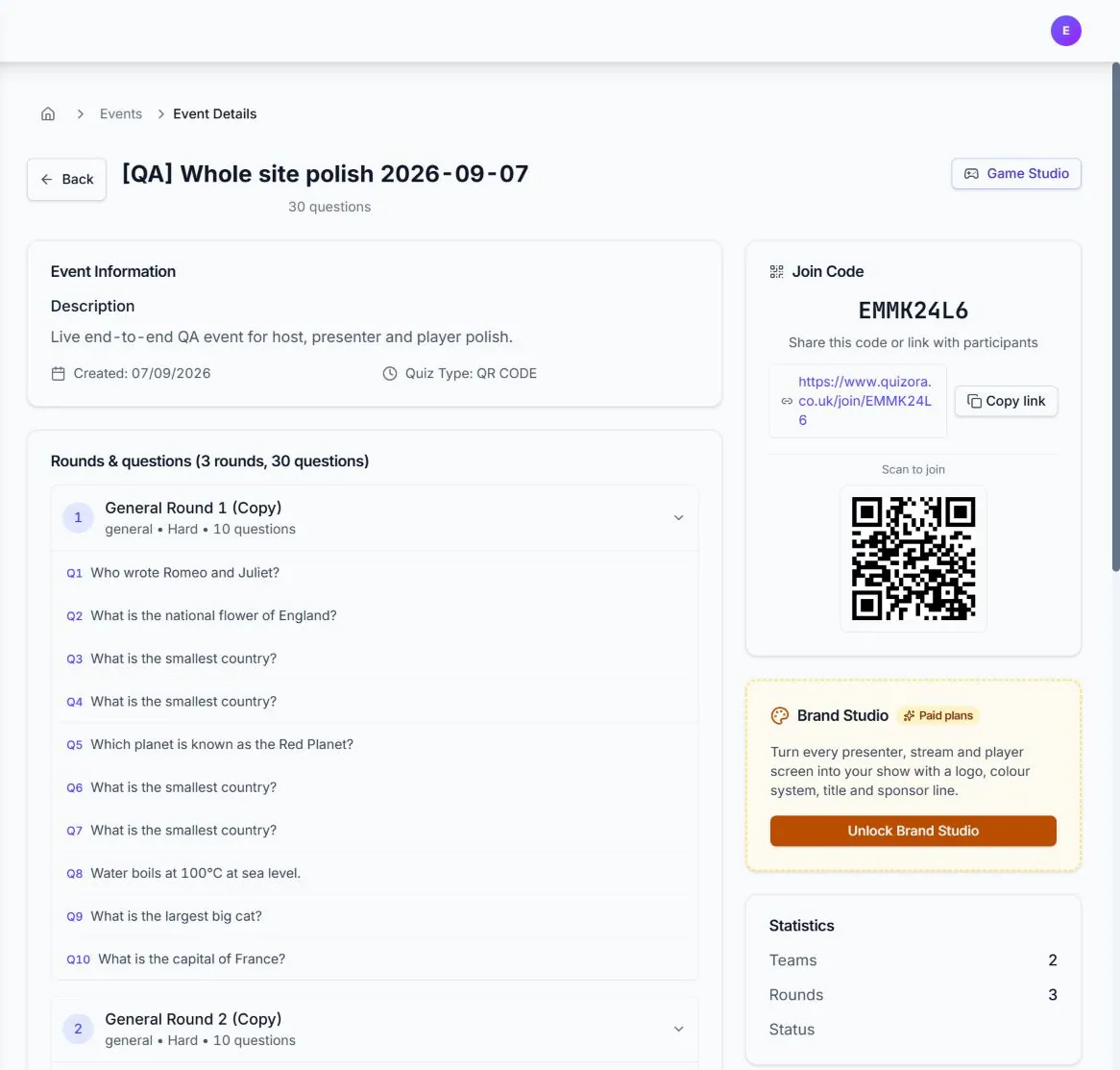 Quizora event management page with rounds, join code and sharing controls