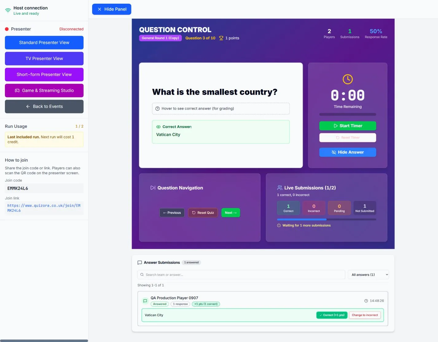 Quizora live host console with timer, submissions and question navigation