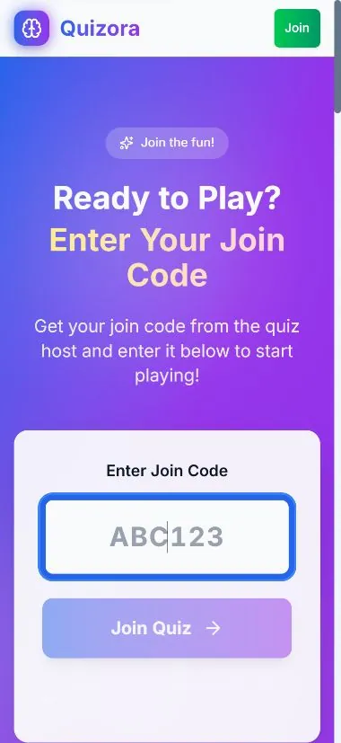Quizora mobile join screen with a field for the event code