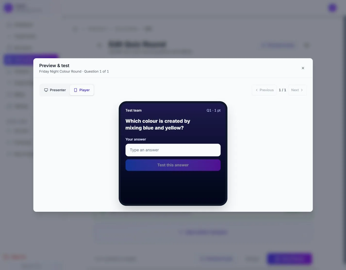 Quizora player preview showing answer controls for a quiz question