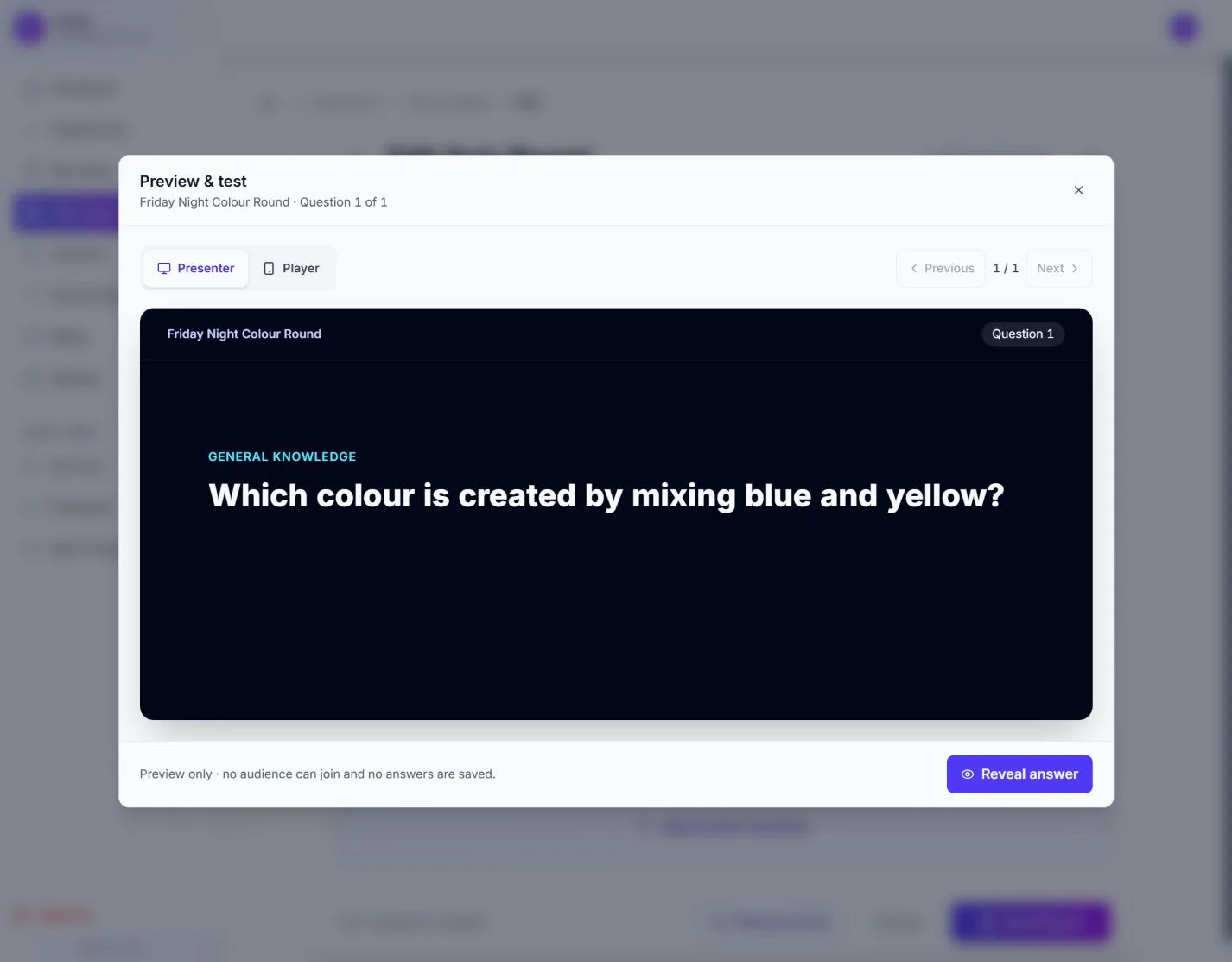 Quizora presenter preview showing a quiz question on a large display