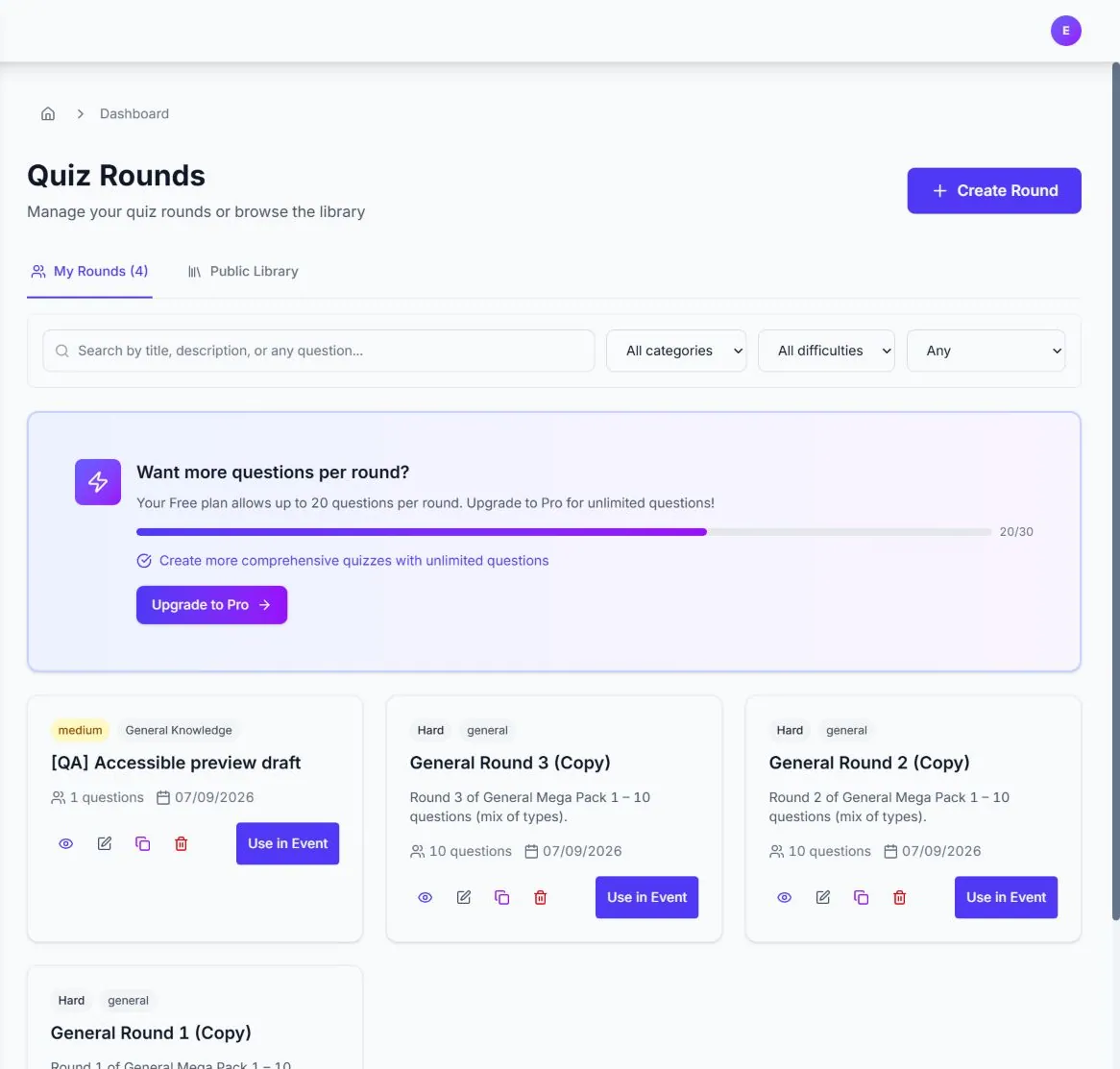 Quizora quiz library with search, filters and reusable rounds