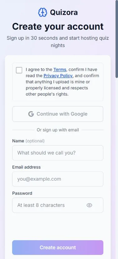 Quizora mobile signup screen with terms confirmation and account options